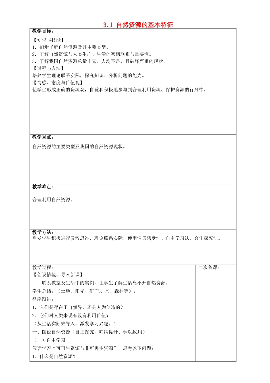 河北省邯郸市复兴区铁路中学八年级地理上册 3.1 自然资源的基本特征教学设计 新人教版_第1页