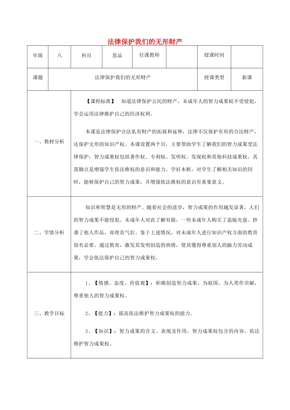 八年级政治上册 第四单元 我们依法享有人身权、财产 第九课 依法享有财产权、消费者权 第2框《法律保护我们的无形财产》教案 鲁教版-鲁教版初中八年级上册政治教案_第1页