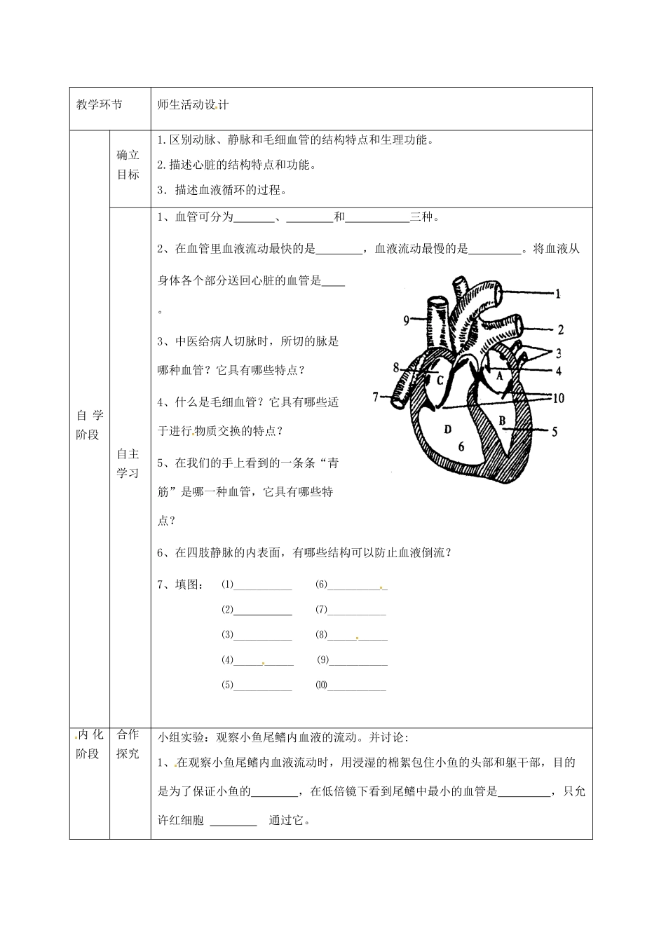 甘肃省临泽县七年级生物下册 第10章 第一节 心脏与血液（第1课时）教学设计 苏教版-苏教版初中七年级下册生物教案_第2页