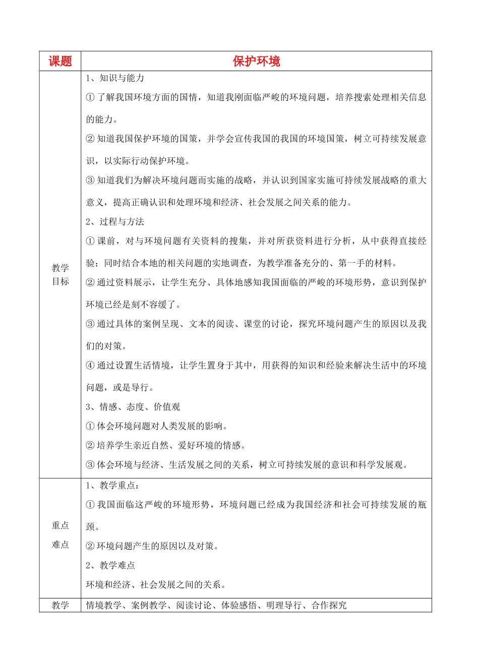 八年级政治上册《保护环境》教学设计 苏教版教_第1页