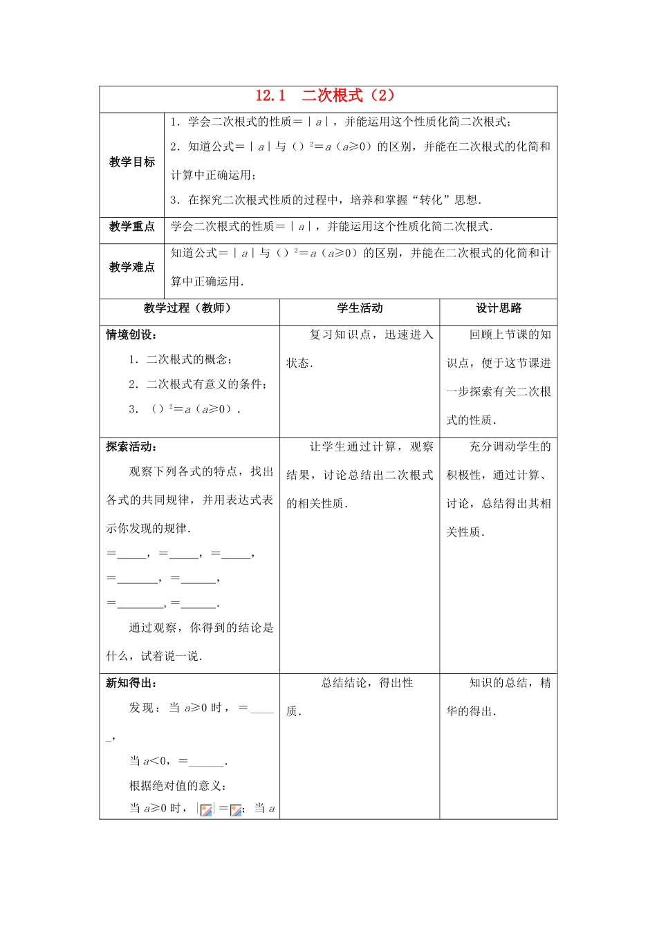 八年级数学下册《12.1 二次根式》教案2 （新版）苏科版-（新版）苏科版初中八年级下册数学教案_第1页