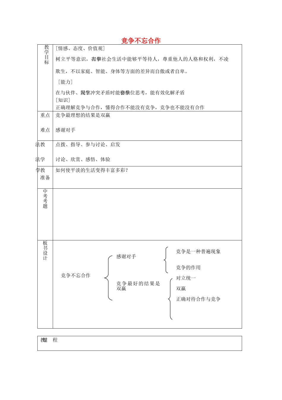 八年级政治上册 3.5.2 竞争不忘合作教案 鲁教版-鲁教版初中八年级上册政治教案_第1页