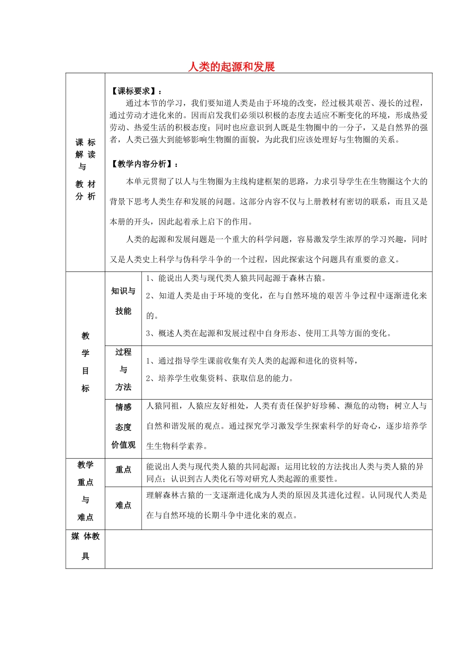 甘肃省武威第十一中学七年级生物下册《第四单元 第一章 第一节 人类的起源和发展》教案  新人教版_第1页