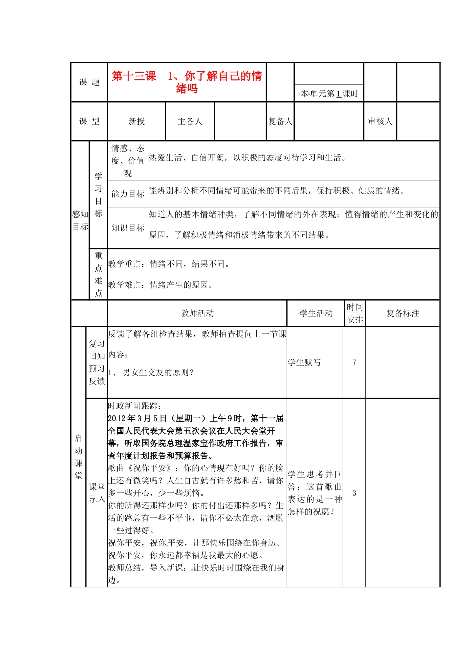 山东省邹平县实验中学七年级政治下册 第13课 第1节你了解自己的情绪吗教案 北师大版_第1页