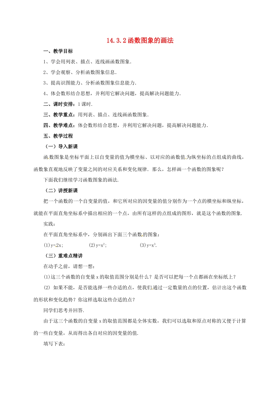 八年级数学下册 14.3.2 函数图象的画法教案 （新版）北京课改版-北京课改版初中八年级下册数学教案_第1页
