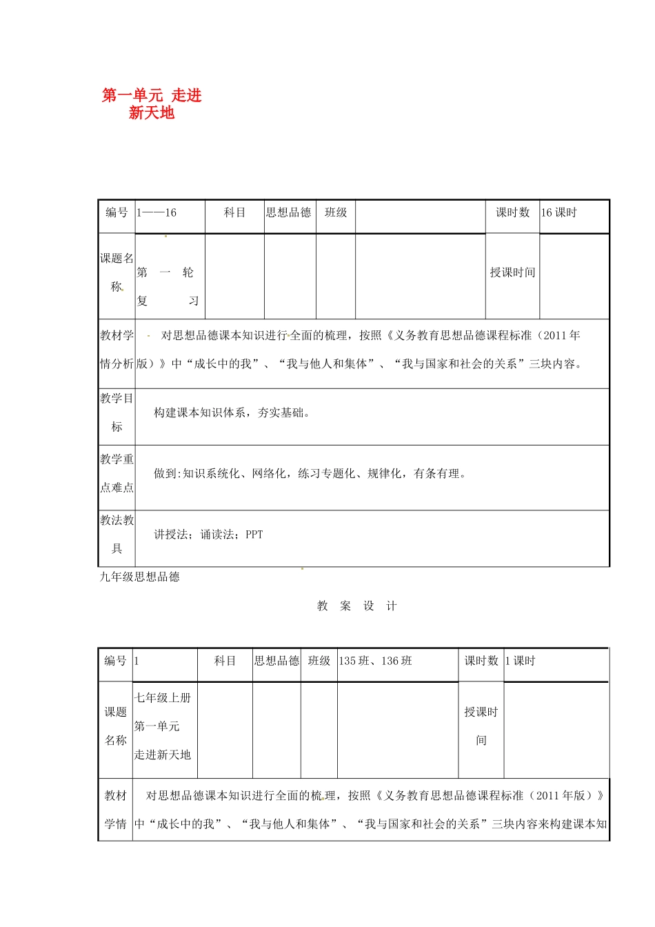 云南省涧彝族自治县中考政治第一轮复习 课题1 七上 第一单元 走进新天地教案-人教版初中九年级全册政治教案_第1页