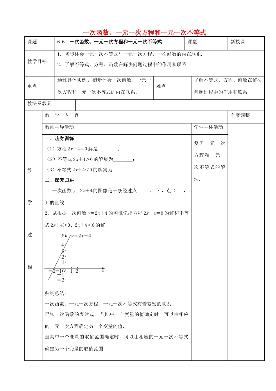 八年级数学上册 第六章 一次函数 6.6 一次函数、一元一次方程和一元一次不等式教案 （新版）苏科版-（新版）苏科版初中八年级上册数学教案_第1页