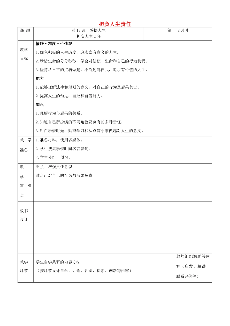 （秋季版）七年级道德与法治下册 第四单元 体悟生命价值 第12课 感悟人生 第2框 担负人生责任教案 苏教版-苏教版初中七年级下册政治教案_第1页