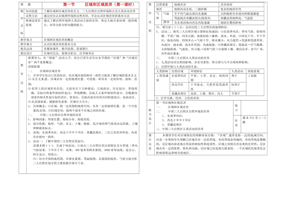北京市房山区周口店中学八年级地理 区域和区域差异教案（1）_第1页