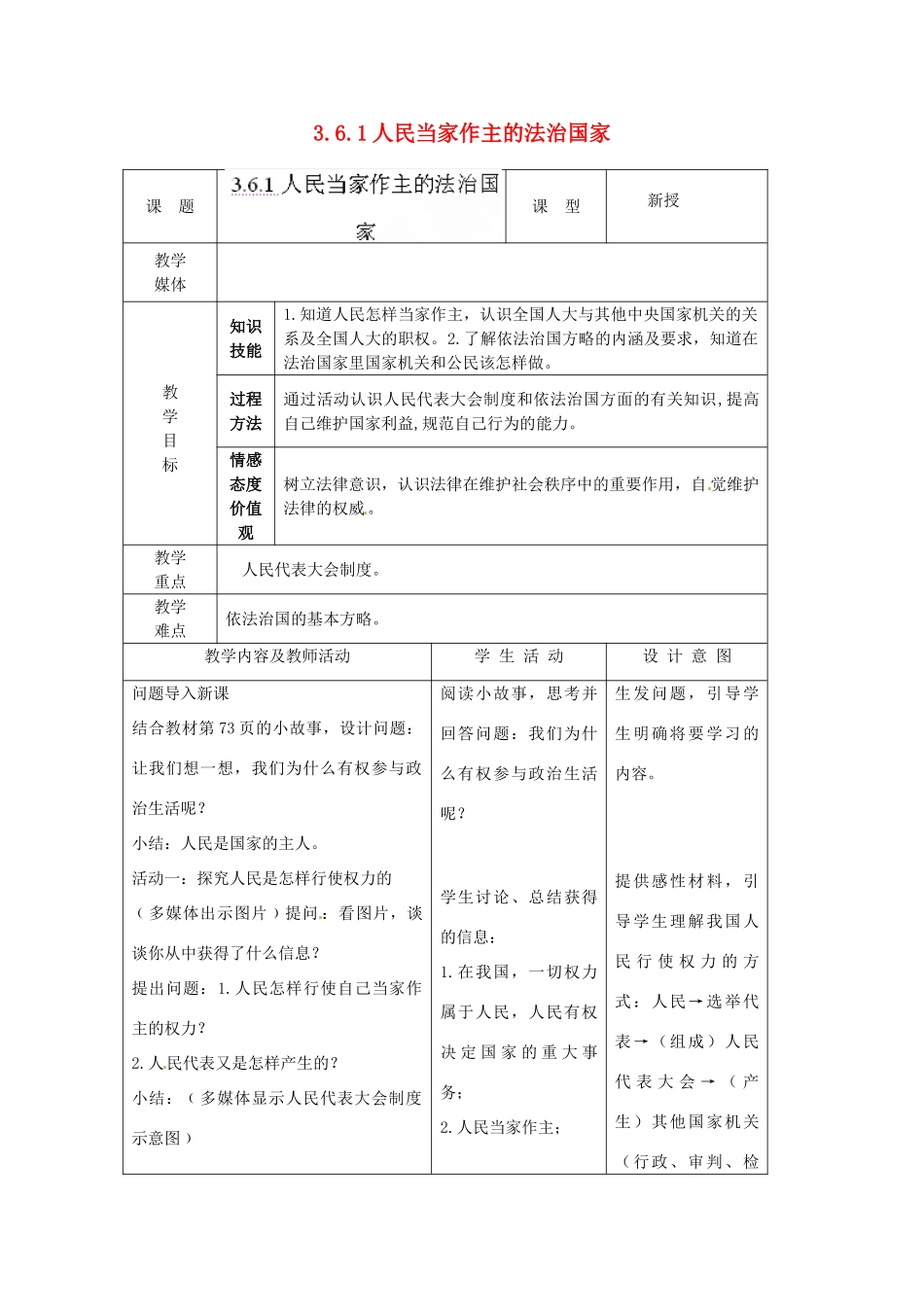 江苏省南通市实验中学九年级政治全册 3.6.1人民当家作主的法治国家教案 新人教版_第1页