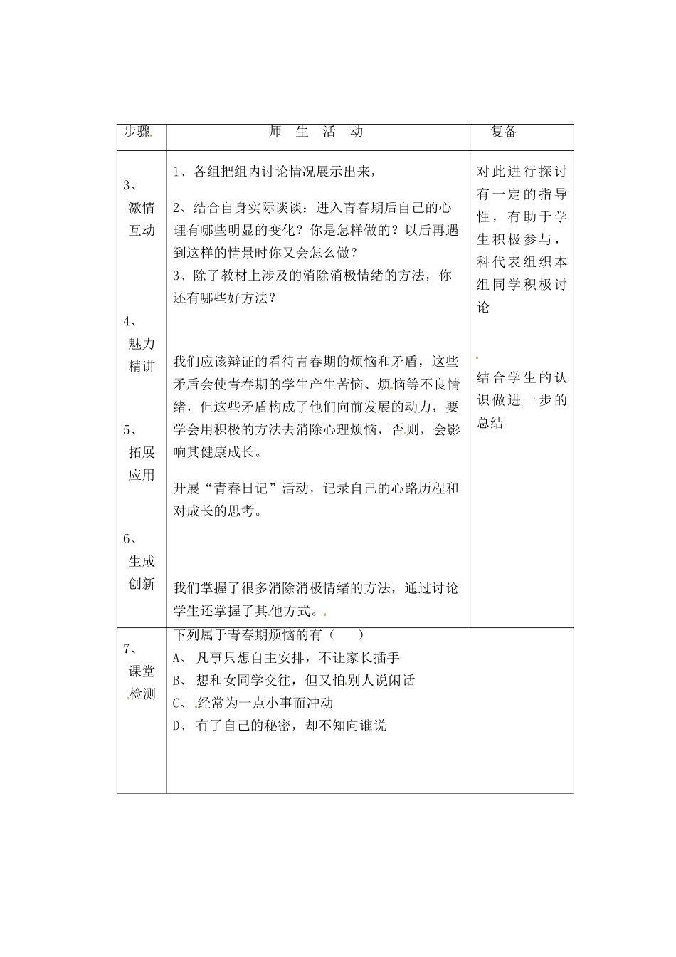 七年级政治下册：第十一课《人们说我长大了——消除心理烦恼快乐成长》教案鲁教版_第2页