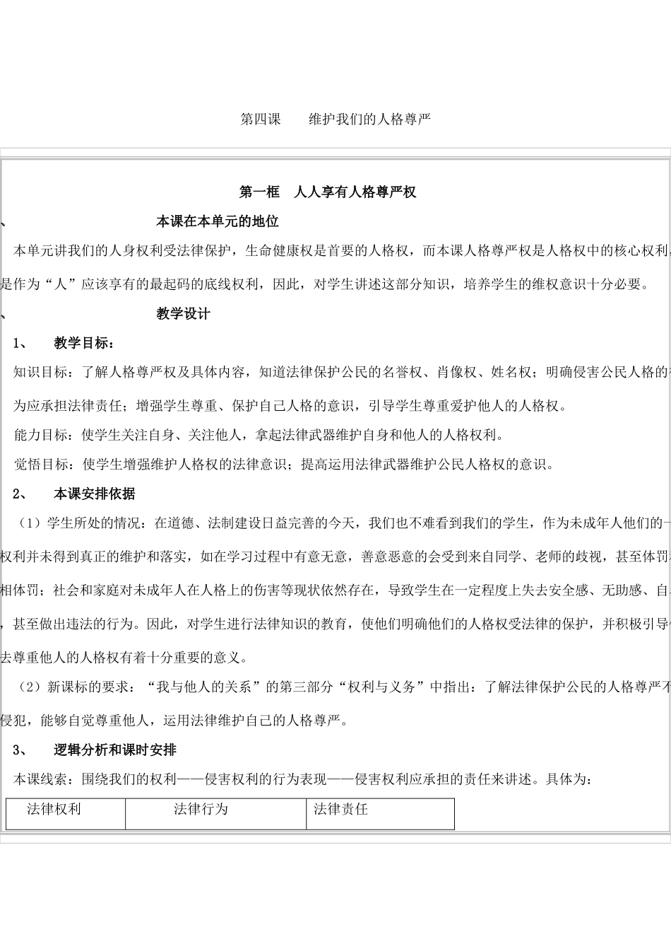 八年级思想品德下册 第四课《维护我们的人格尊严》教案 人教新课标版_第1页