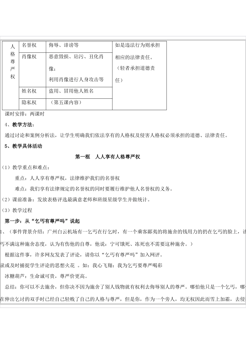 八年级思想品德下册 第四课《维护我们的人格尊严》教案 人教新课标版_第2页