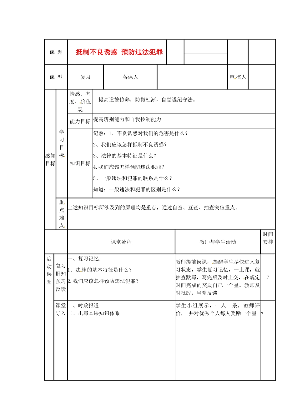 山东省邹平县实验中学七年级政治下册 第15课 抵制不良诱惑，预防违法犯罪教案 北师大版_第1页