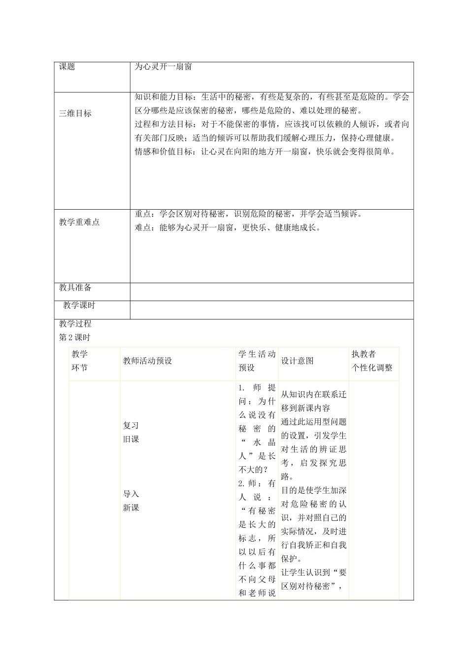 秋八年级政治上册 第5课 为心灵开一扇窗教案 人民版-人民版初中八年级上册政治教案_第2页