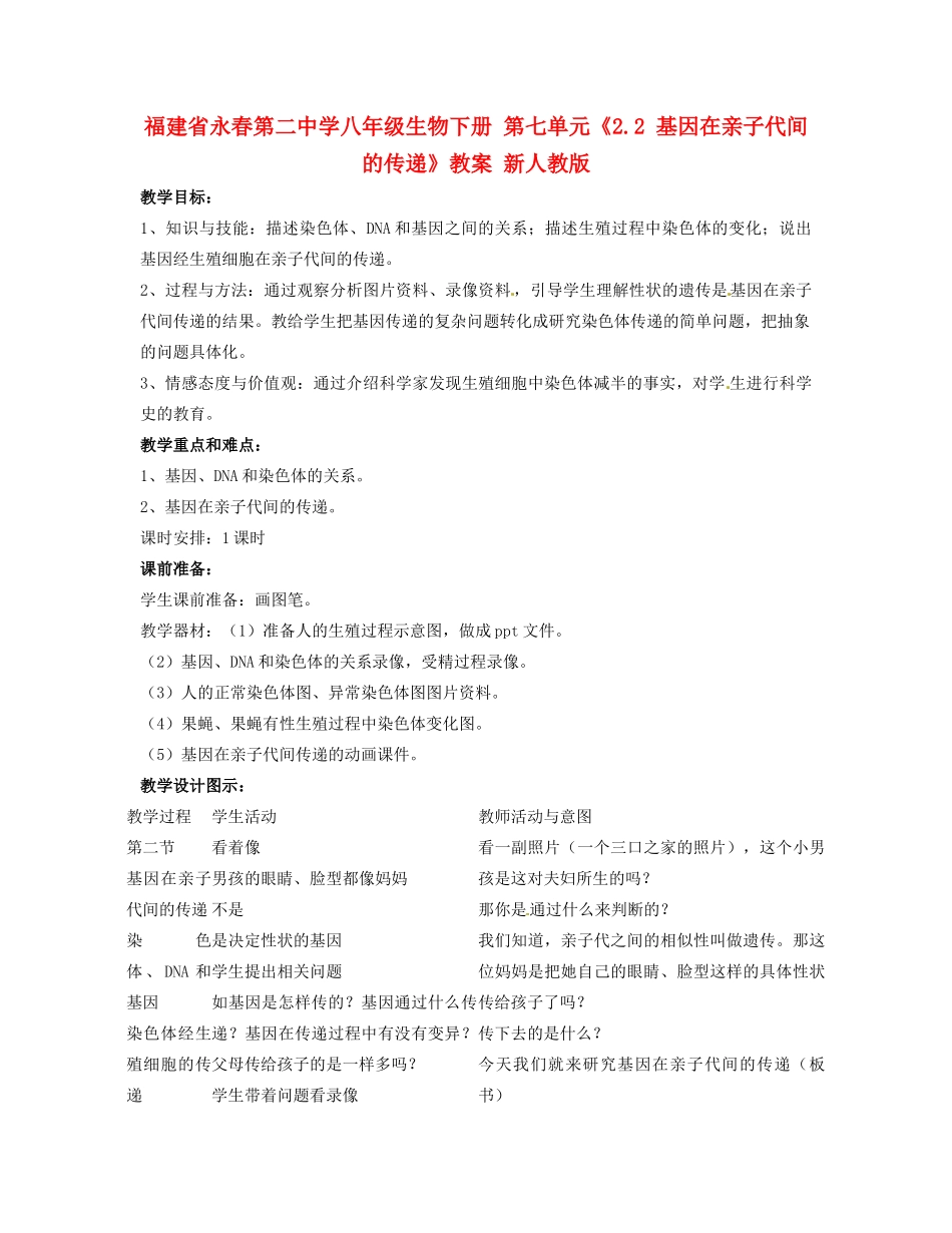 福建省永春第二中学八年级生物下册 第七单元《2.2 基因在亲子代间的传递》教案 新人教版_第1页
