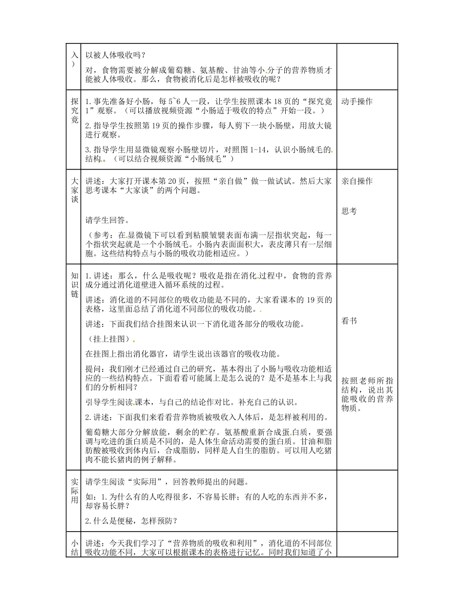 河北省秦皇岛市抚宁县驻操营学区初级中学七年级生物下册 营养物质的吸收和利用教案 冀教版_第2页