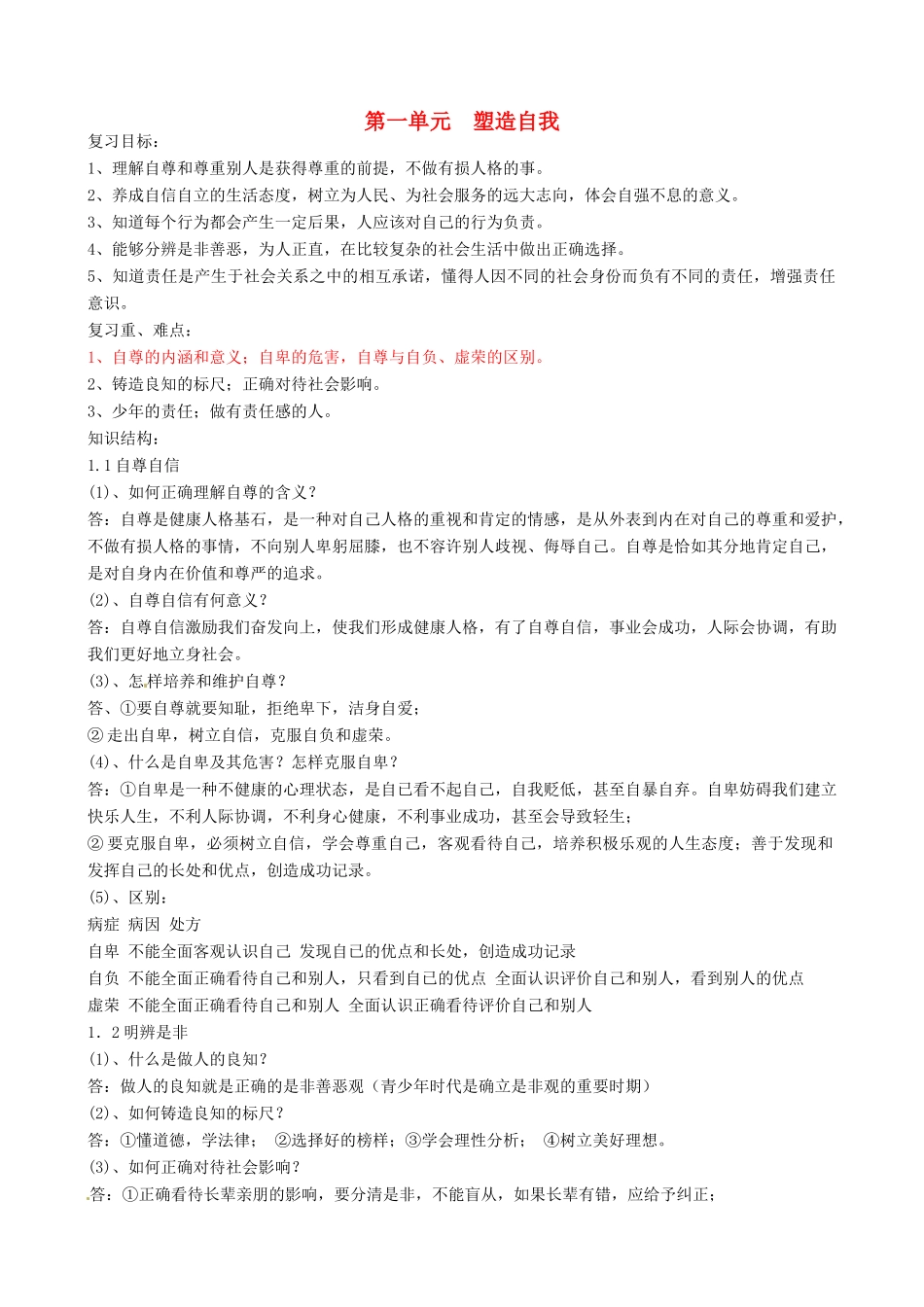 安徽省合肥市第五十六中学粤教版八年级政治上册 全套复习教案 粤教版_第1页