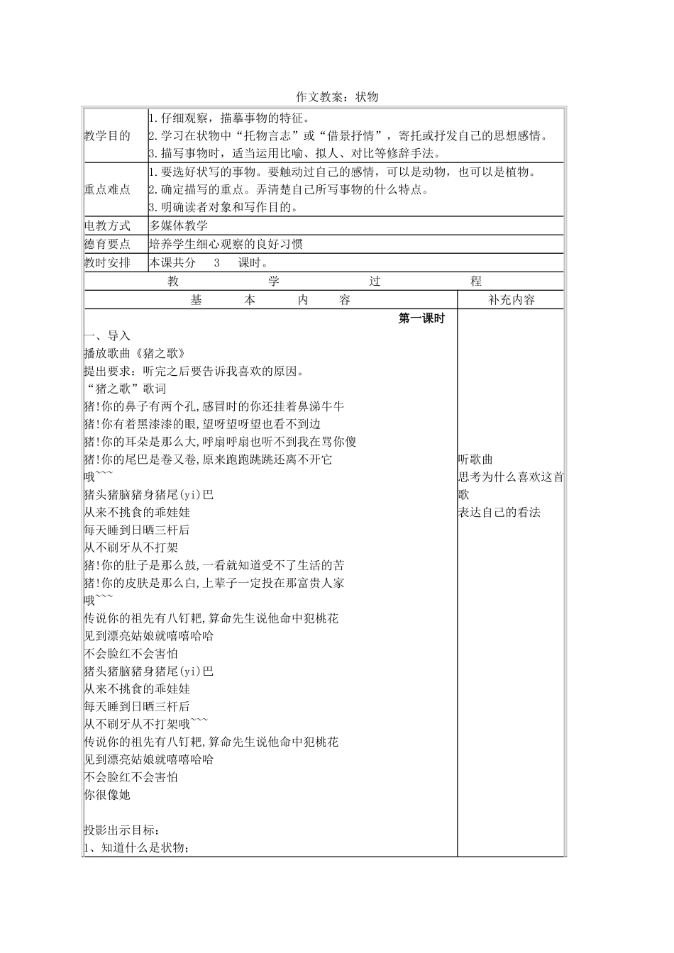 七年级语文下册 第一单元 写作《写一篇状物的文章》教案 语文版-语文版初中七年级下册语文教案_第1页