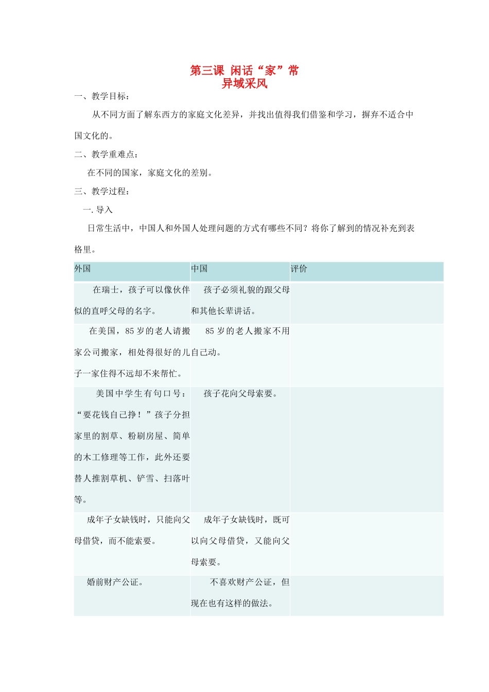 八年级政治上册 第三课 闲话家常教案 人民版_第1页