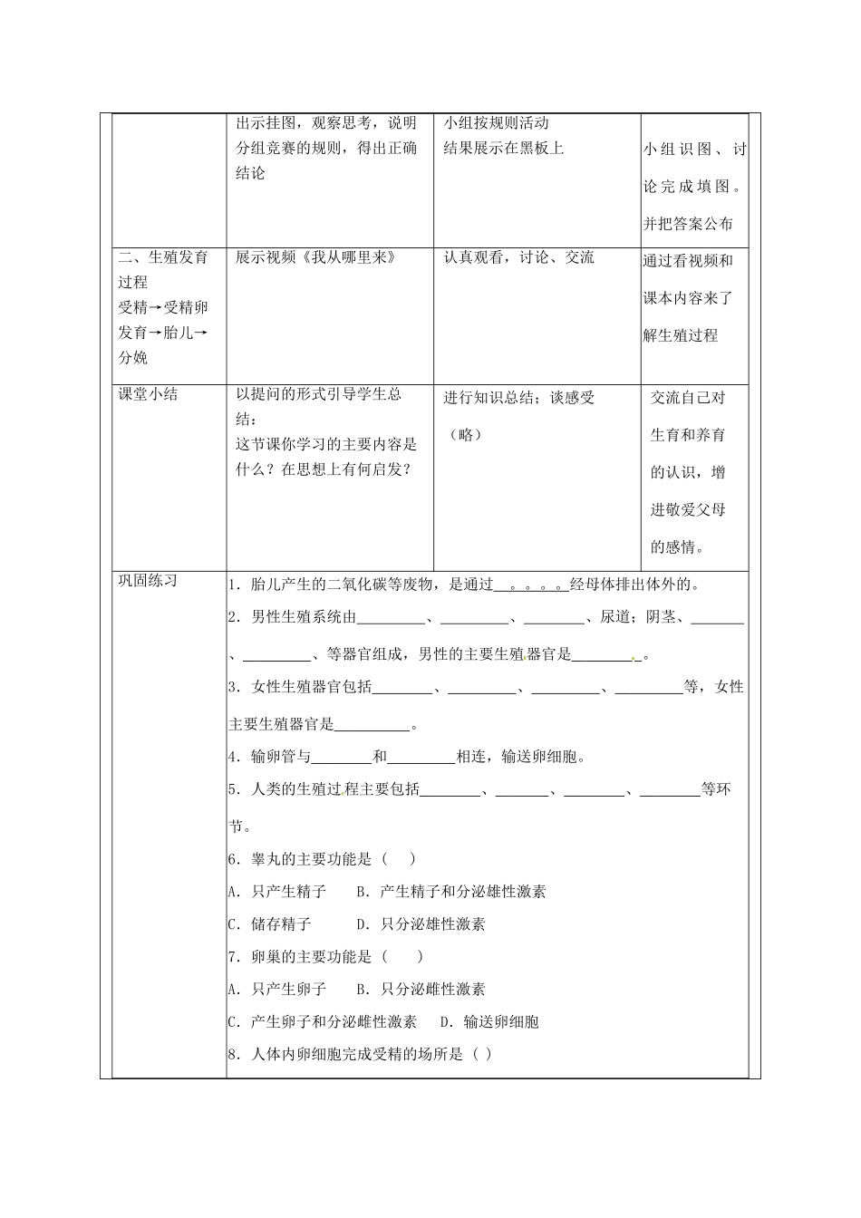 福建省厦门市集美区灌口中学七年级生物下册 人的生殖教学设计 新人教版_第2页