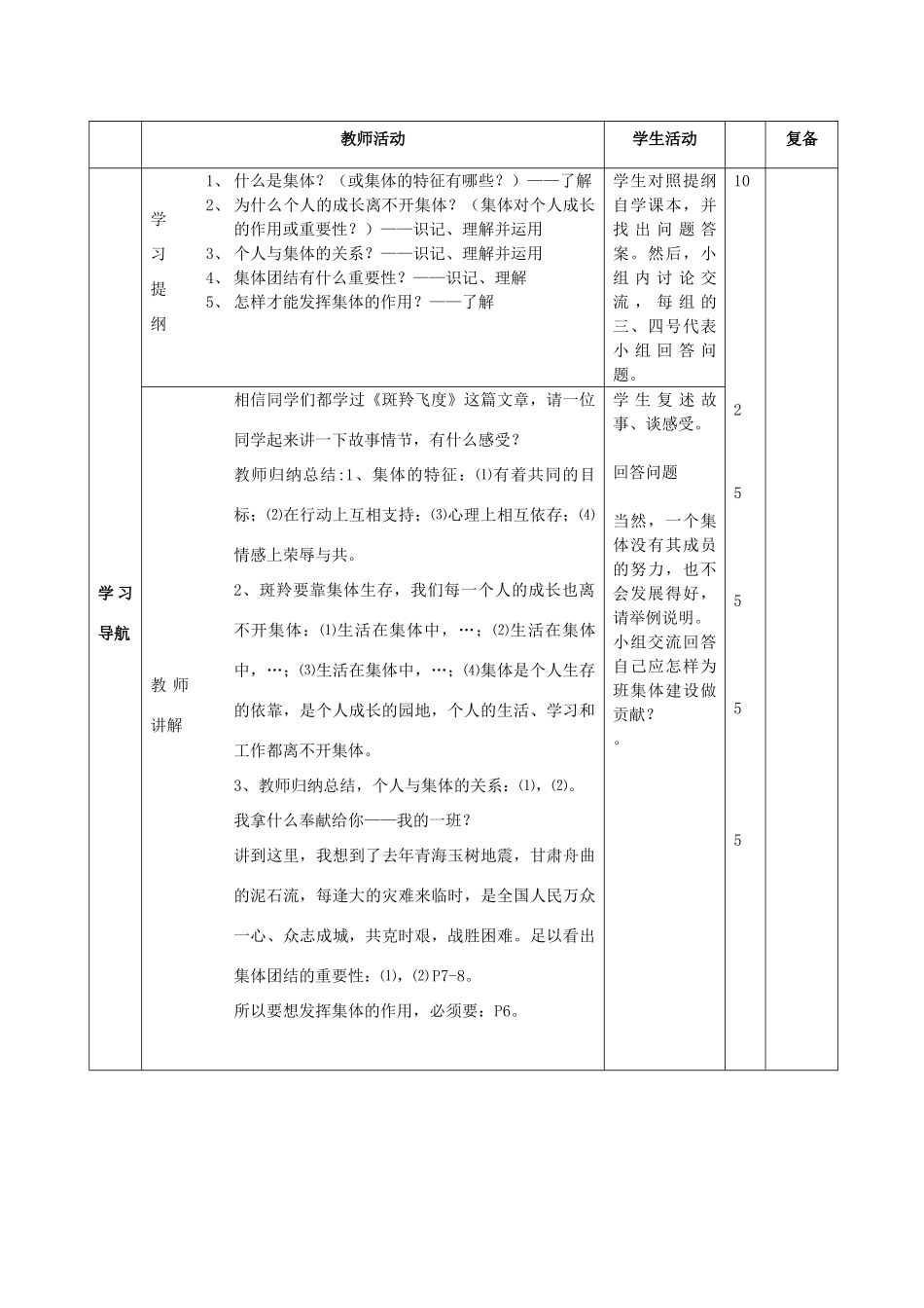 山东省邹平县实验中学八年级政治下册《第十课 第一框 正确认识个人与集体的关系》教案2 鲁教版_第2页