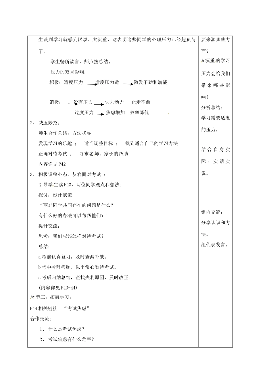 （秋季版）山东省郯城县七年级道德与法治下册 第七单元 心中拥有灿烂阳光 第13课 让快乐围绕我身边 第3框 正视压力  轻松前行教案 鲁人版六三制-鲁人版初中七年级下册政治教案_第2页
