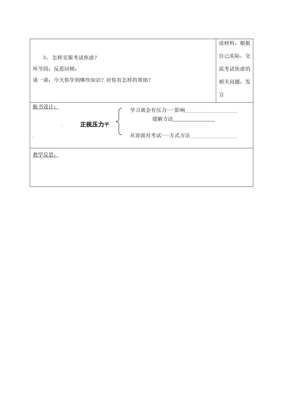 （秋季版）山东省郯城县七年级道德与法治下册 第七单元 心中拥有灿烂阳光 第13课 让快乐围绕我身边 第3框 正视压力  轻松前行教案 鲁人版六三制-鲁人版初中七年级下册政治教案_第3页