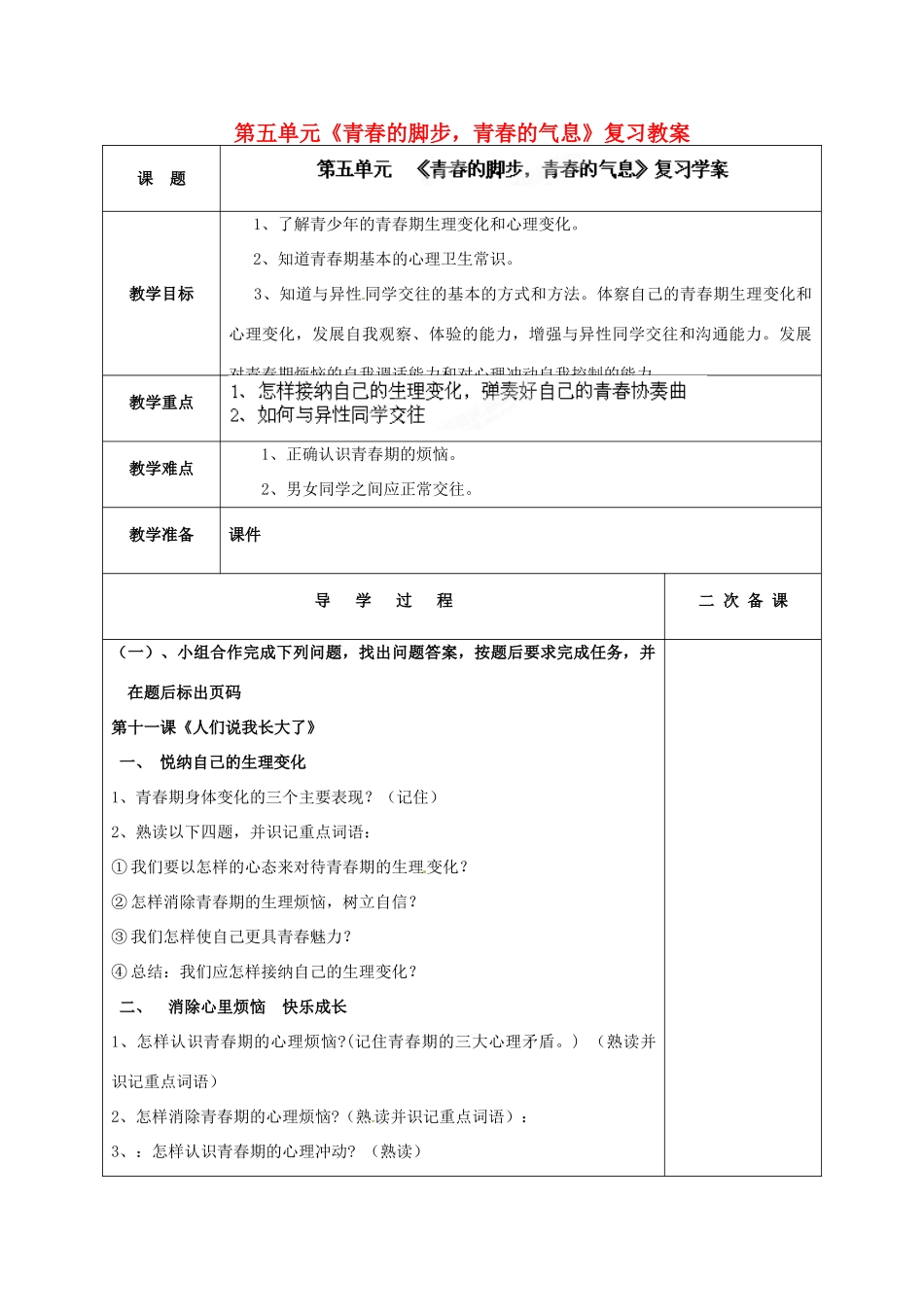 山东省枣庄市峄城区吴林街道中学七年级政治下册 第五单元《青春的脚步，青春的气息》复习教案 鲁教版_第1页