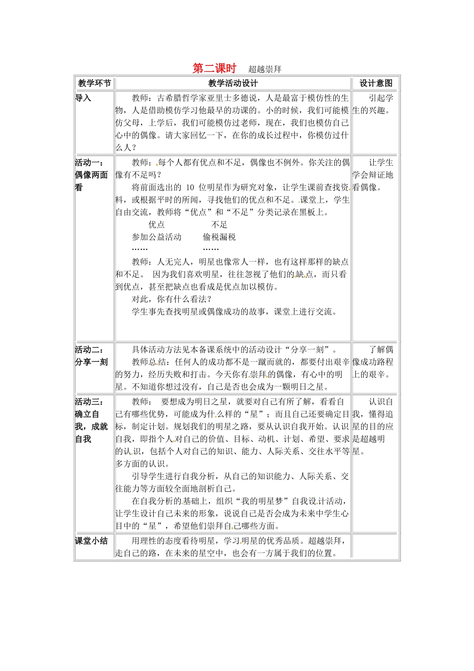 四川省宜宾县复龙初级中学八年级政治上册 第二课时 超越崇拜教案 教科版_第1页