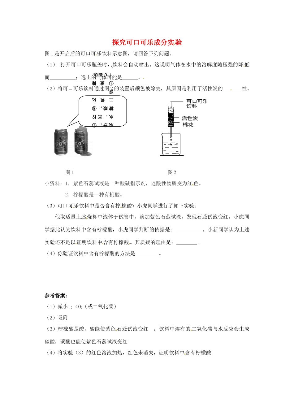 中考化学热点小题 探究可口可乐成分实验_第1页