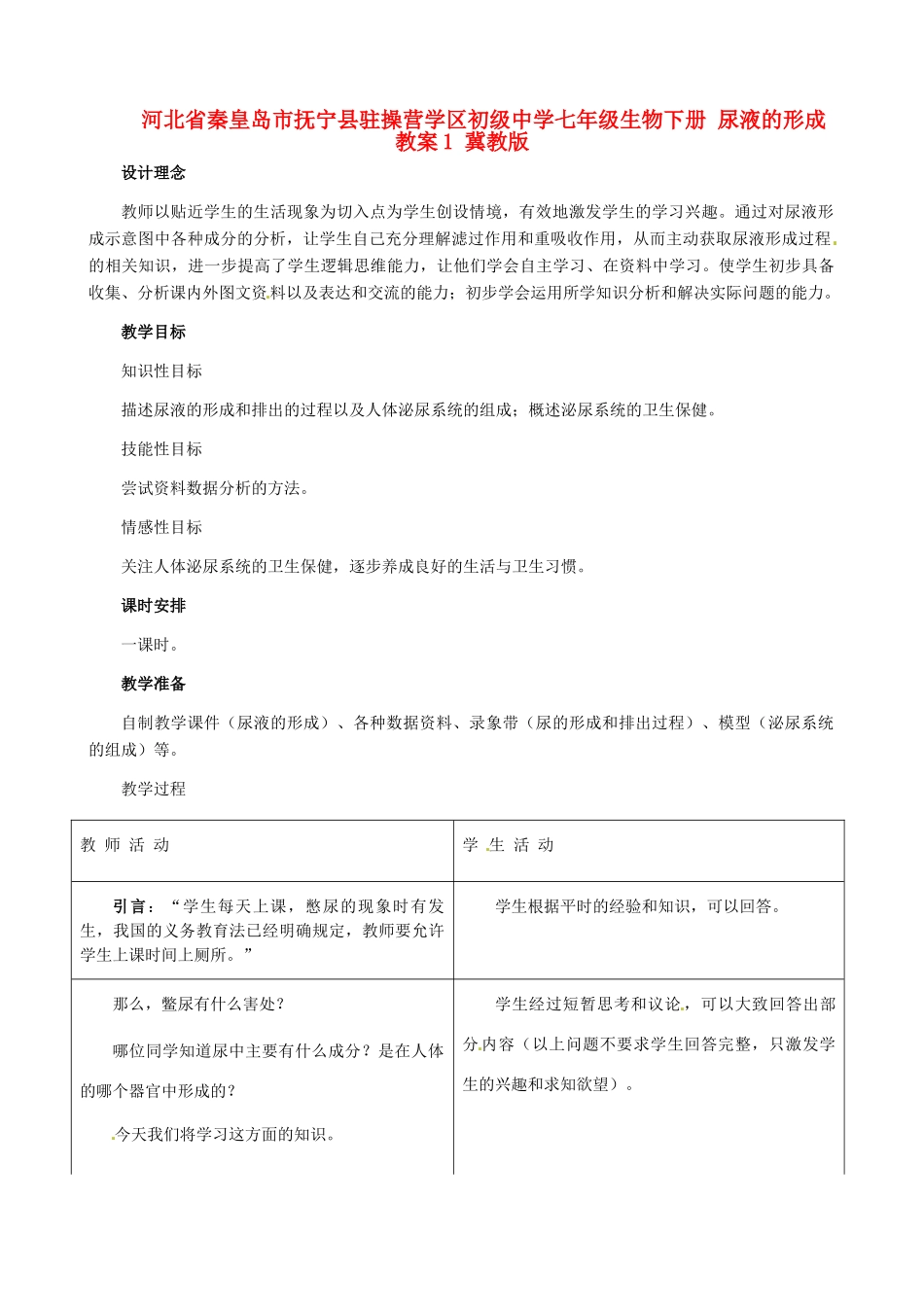 河北省秦皇岛市抚宁县驻操营学区初级中学七年级生物下册 尿液的形成教案1 冀教版_第1页