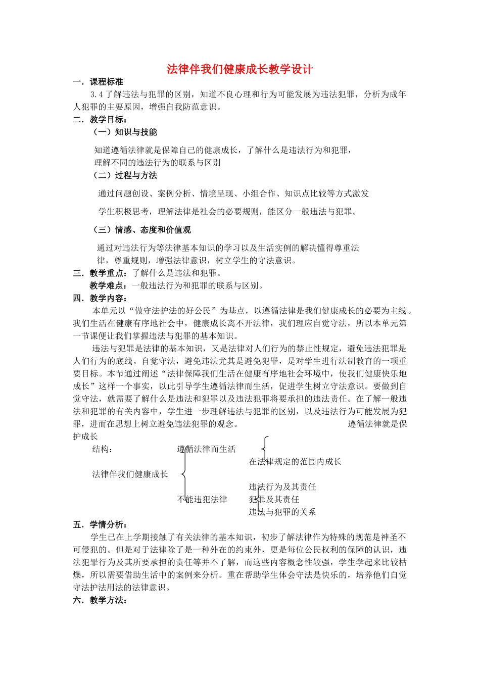 浙江省嘉兴市平湖市青年教师汇报课七年级思想品德下册 第五单元 第一节《法律伴我们健康成长》教学设计_第1页