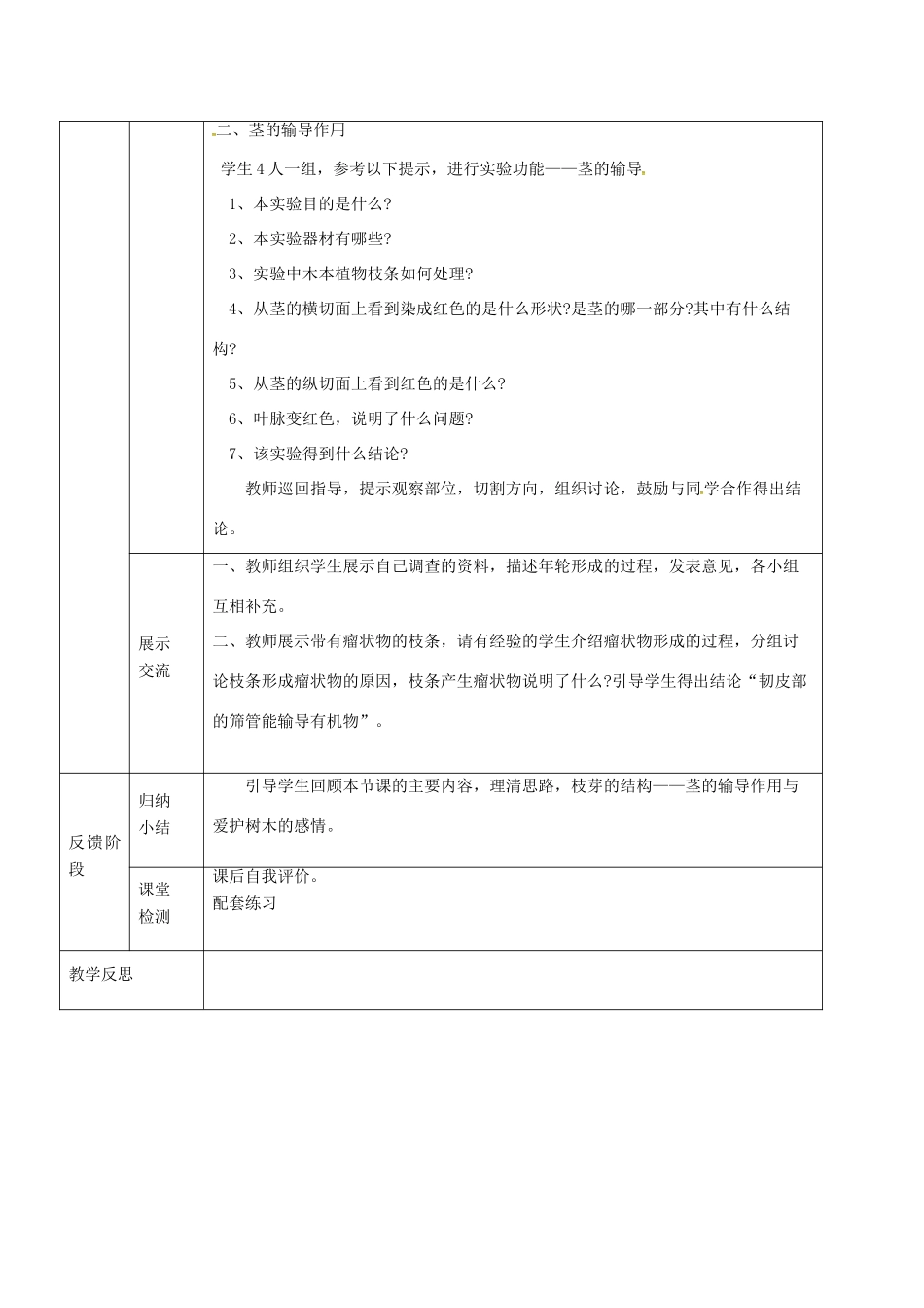 甘肃省临泽县七年级生物上册 第三单元 第五章 第四节 植物的茎的输导功能三段六环教学设计 苏教版-苏教版初中七年级上册生物教案_第3页