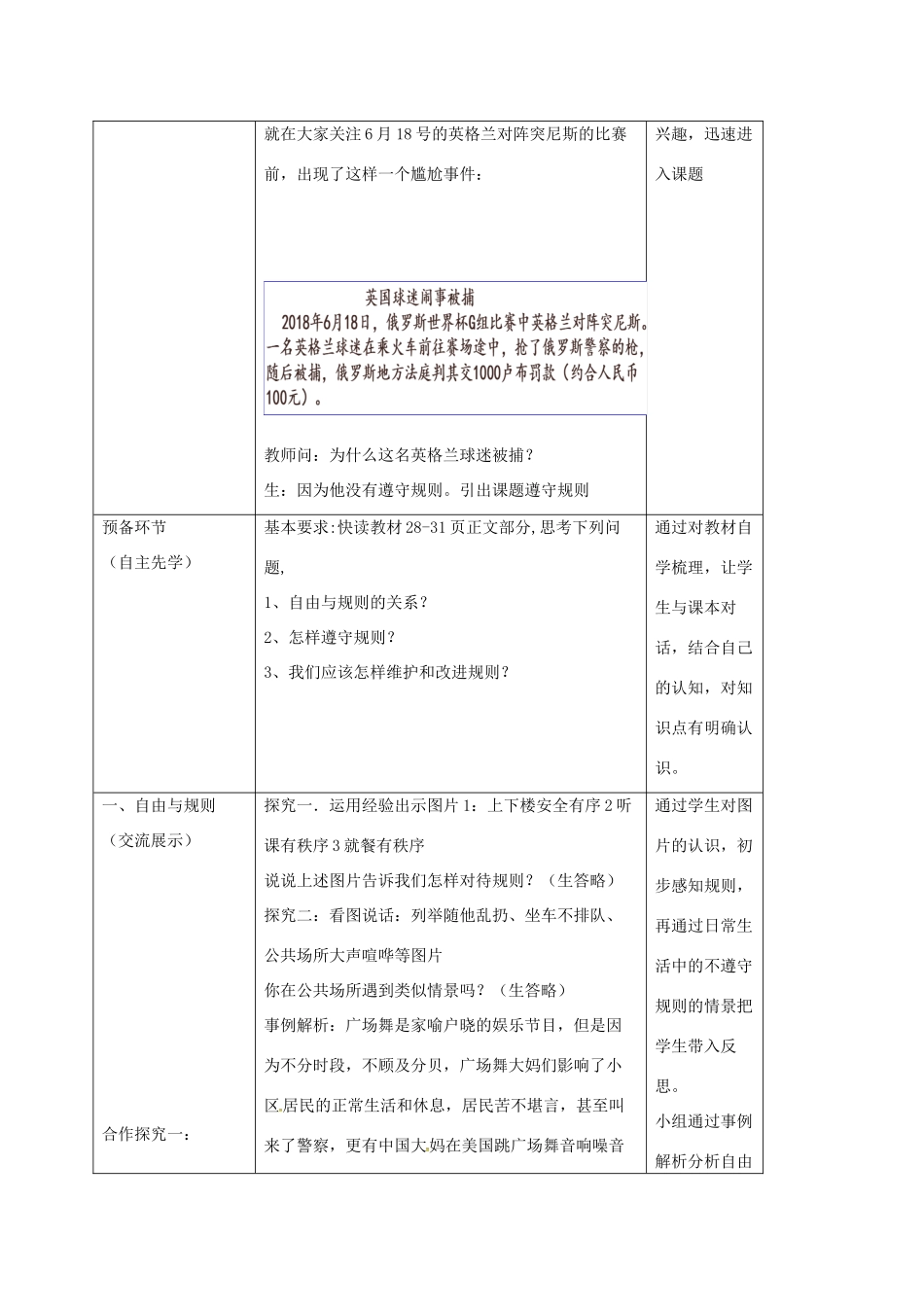 八年级道德与法治上册 第二单元 遵守社会规则 第三课 社会生活离不开规则 第2框 遵守规则教学设计 新人教版-新人教版初中八年级上册政治教案_第2页