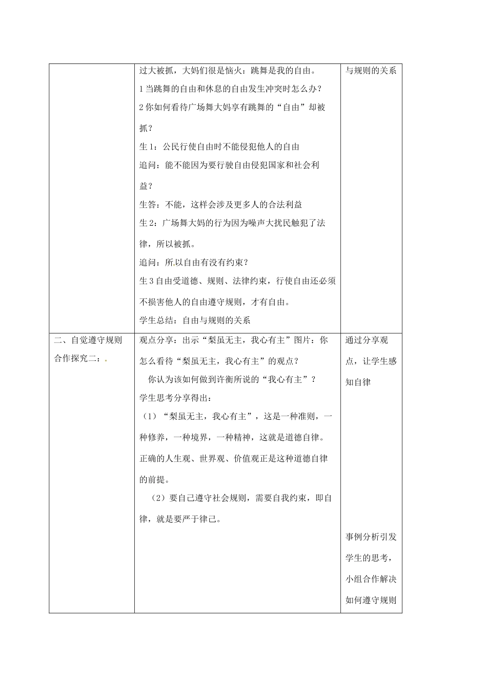 八年级道德与法治上册 第二单元 遵守社会规则 第三课 社会生活离不开规则 第2框 遵守规则教学设计 新人教版-新人教版初中八年级上册政治教案_第3页