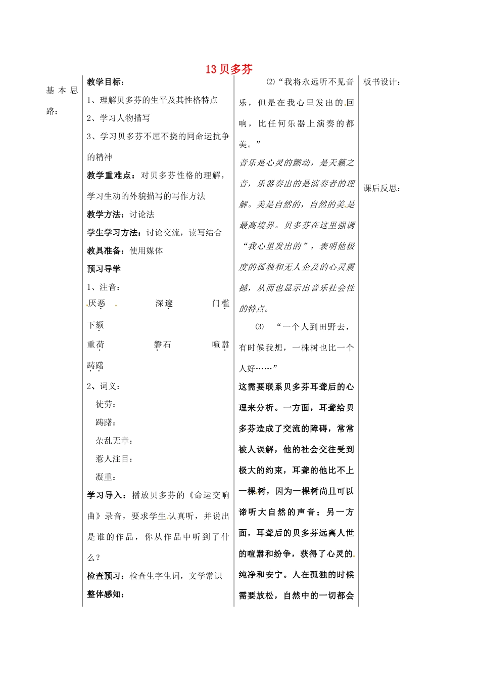 山东省德州市夏津实验中学七年级语文下册 13贝多芬教案 新人教版_第1页