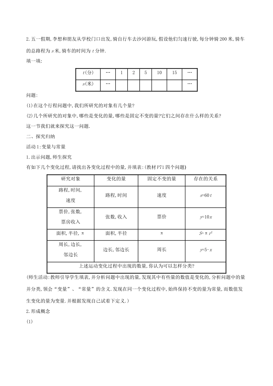 八年级数学下册 第十九章 一次函数 19.1 变量与函数 19.1.1 变量与函数教案 （新版）新人教版-（新版）新人教版初中八年级下册数学教案_第2页