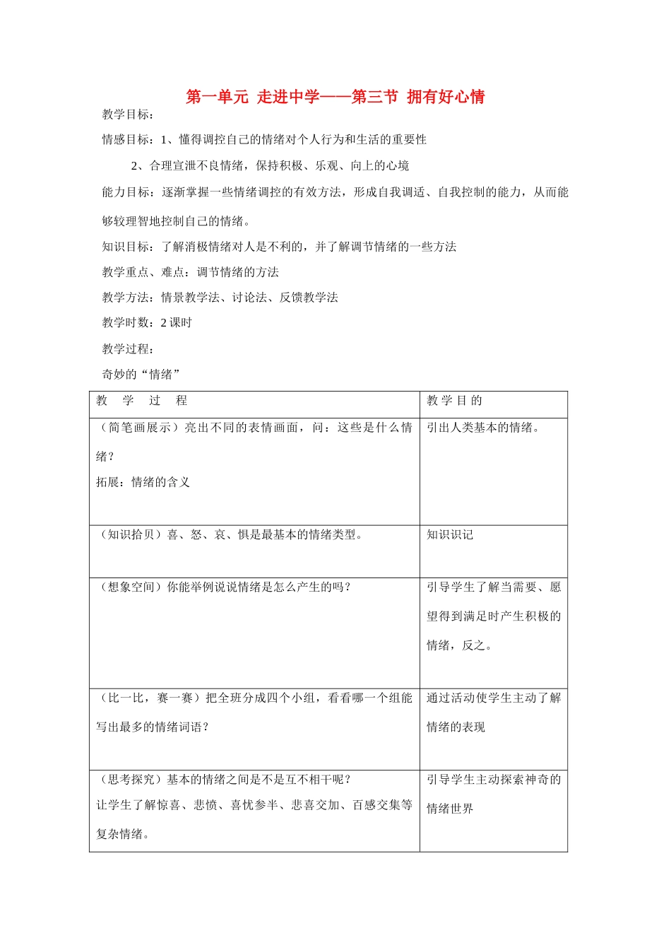 七年级政治上册 第一单元  走进中学-第三节  拥有好心情教案 湘师版_第1页