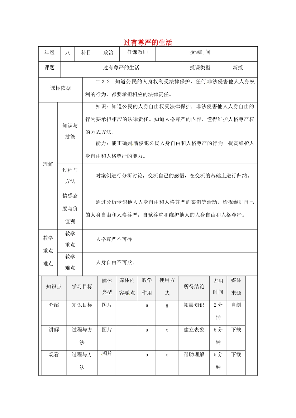 陕西省石泉县八年级道德与法治上册 第四单元 人身权、受教育权：美好生活最相关 第7课 伴我们一生的权利 第2框 过有尊严的生活教案 鲁人版六三制-鲁人版初中八年级上册政治教案_第1页