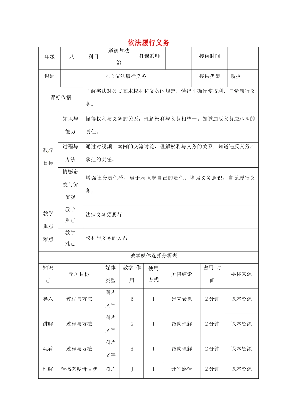 陕西省石泉县八年级道德与法治下册 第二单元 理解权利义务 第四课 公民义务 第1框 依法履行义务教案 新人教版-新人教版初中八年级下册政治教案_第1页