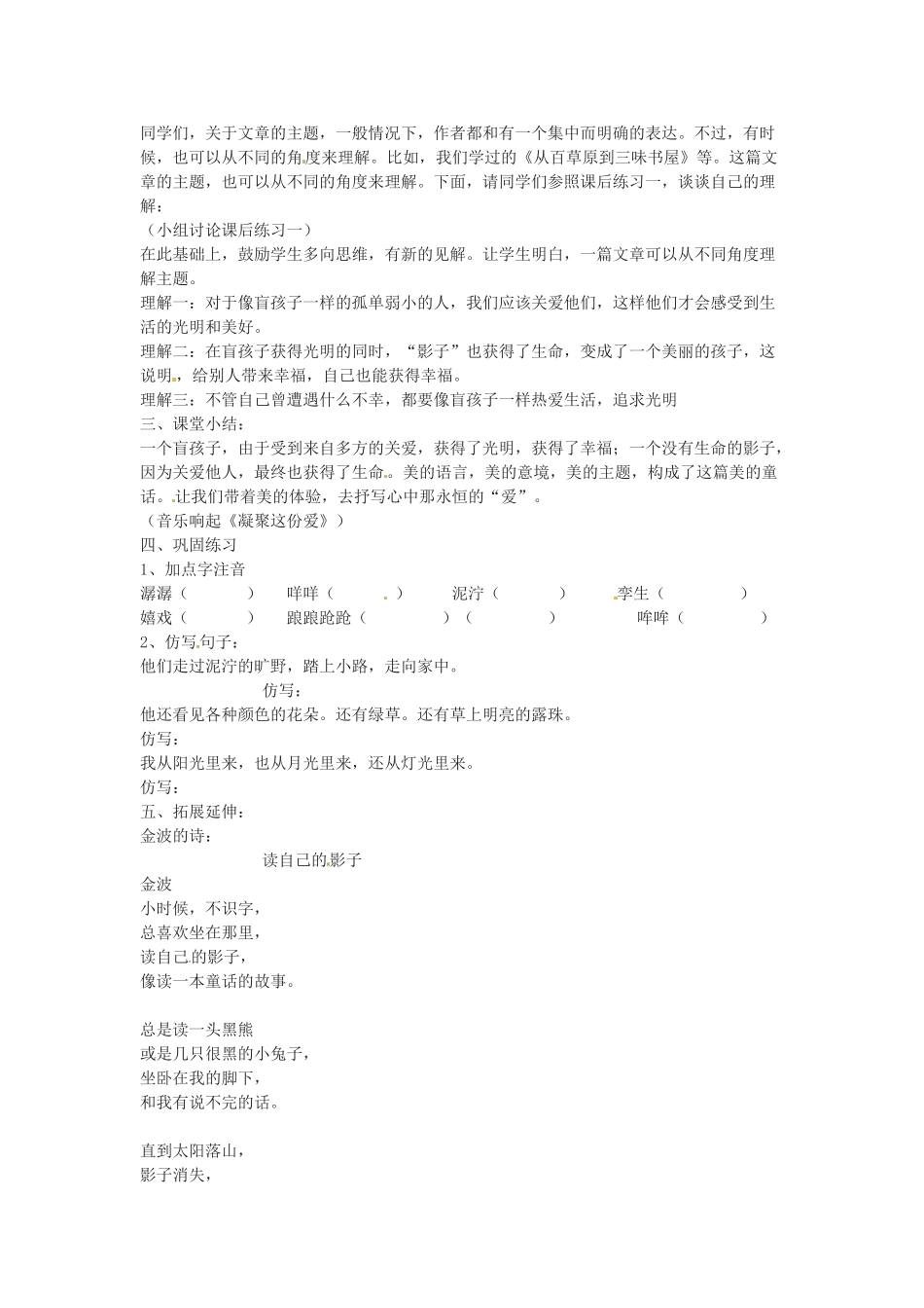 浙江省江山市峡口初级中学七年级语文上册《盲孩子和他的影子》教案2 人教新课标版_第3页