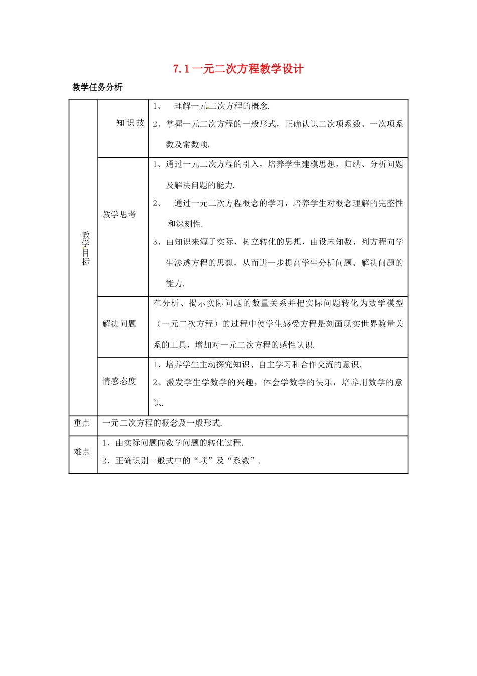 八年级数学下学期 7.1《一元二次方程》教案 鲁教版_第1页