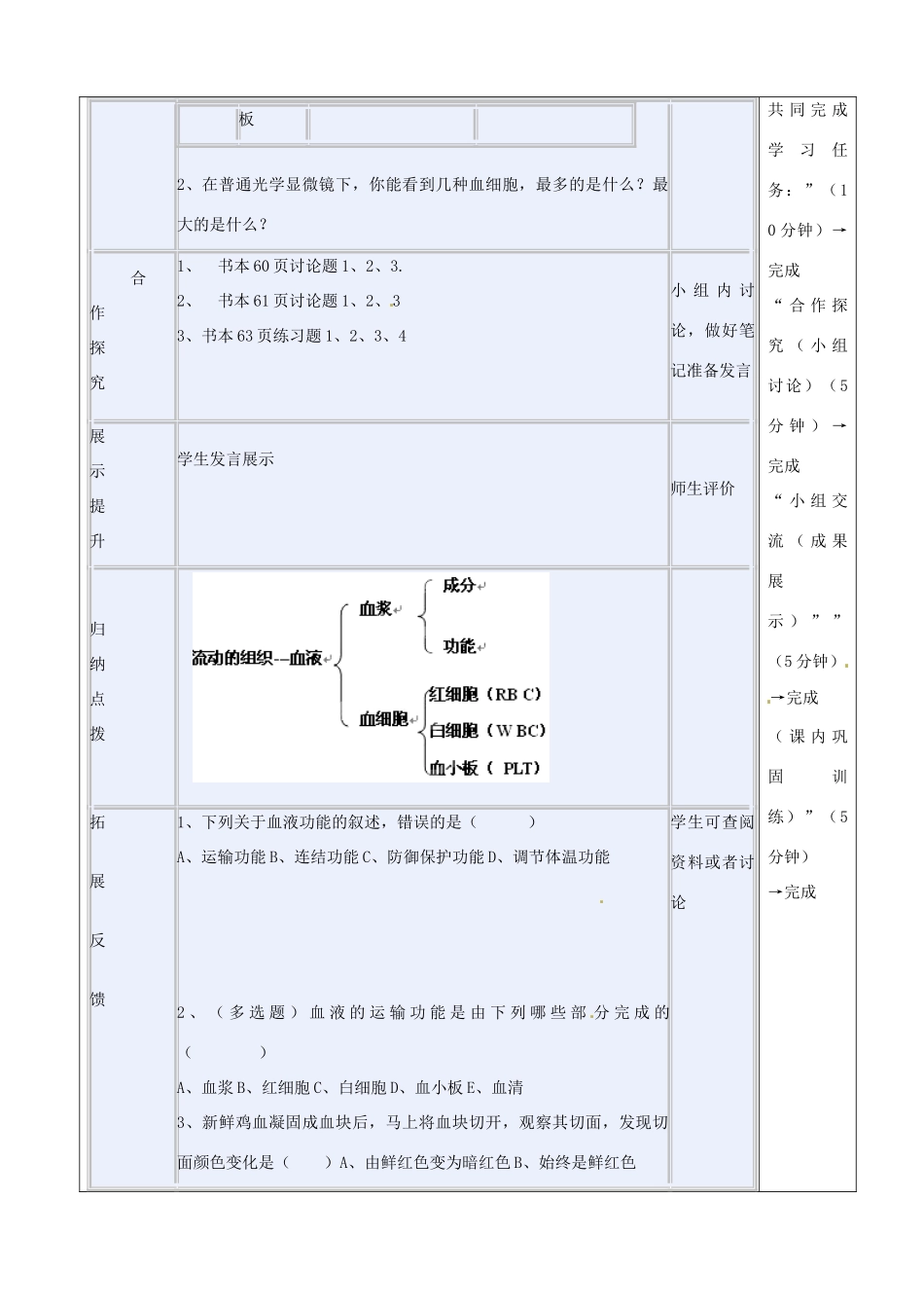 河北省承德市围场县半截塔中学七年级生物下册 4.4.1 流动的组织-血液教学设计 新人教版_第2页