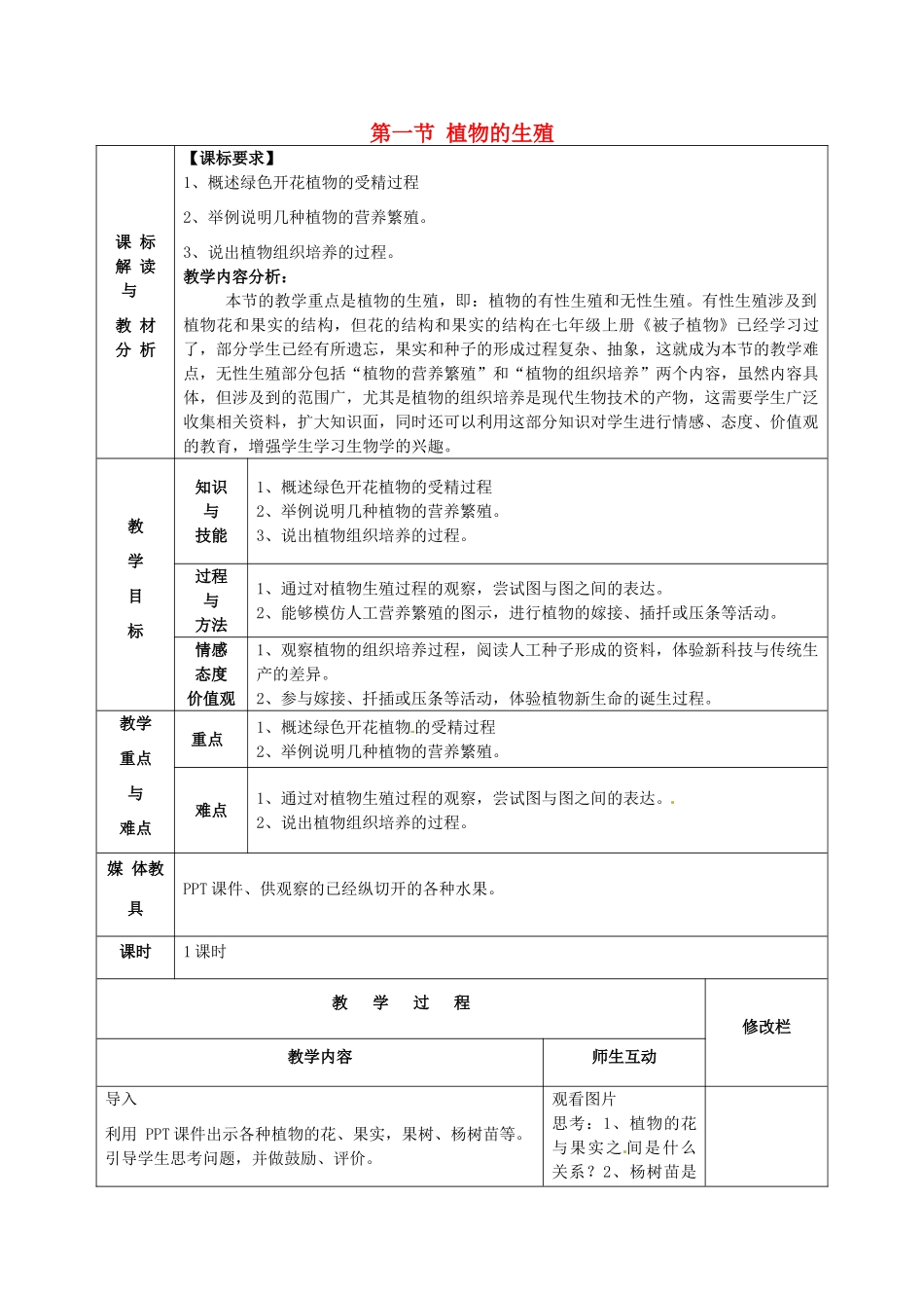 甘肃省武威第十一中学八年级生物下册《第七单元 第一章 第一节 植物的生殖》教案 新人教版_第1页