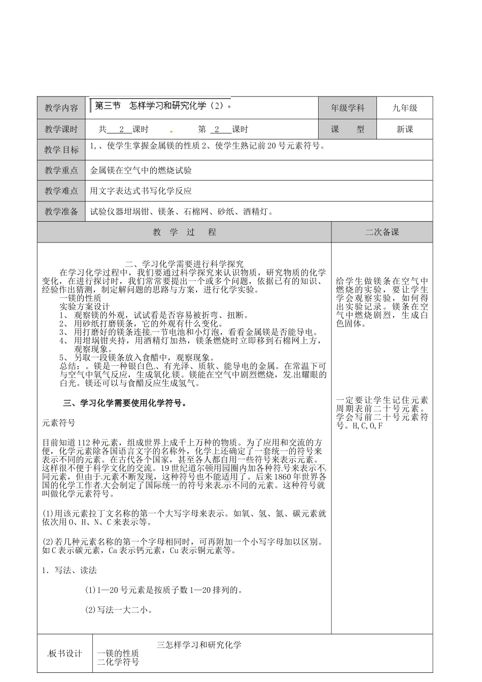 江苏省徐州市黄山外国语学校九年级化学全册《第一章 第3节 怎样学习和研究化学（2）》教案 沪教版_第2页