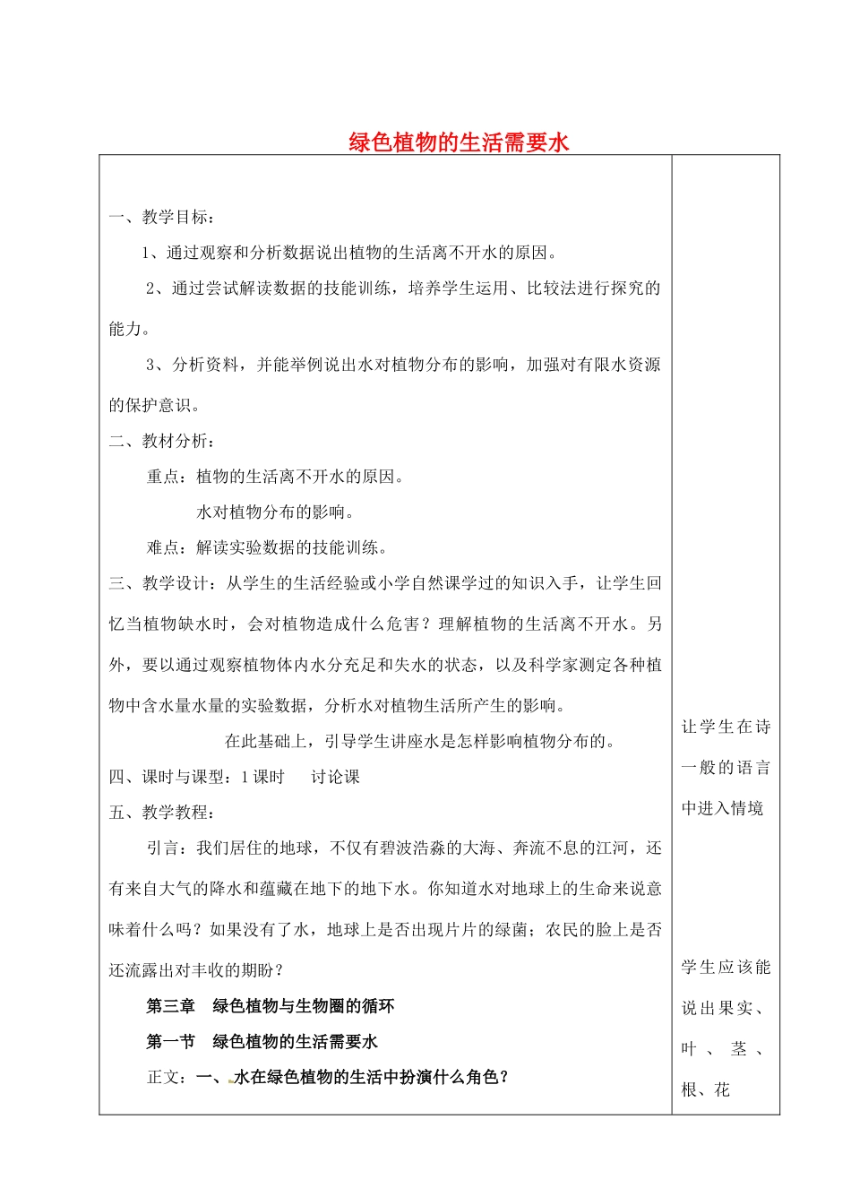 河北省高碑店市第三中学七年级生物上册 第一节 绿色植物的生活需要水教案 新人教版_第1页