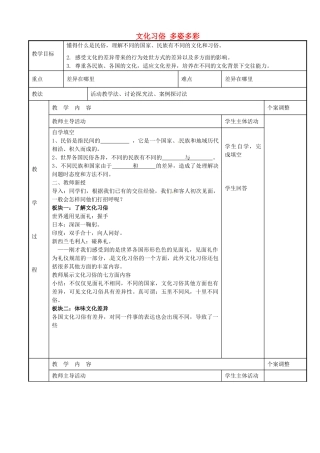 七年级政治上册 10.1 文化习俗 多姿多彩教案 苏教版-苏教版初中七年级上册政治教案
