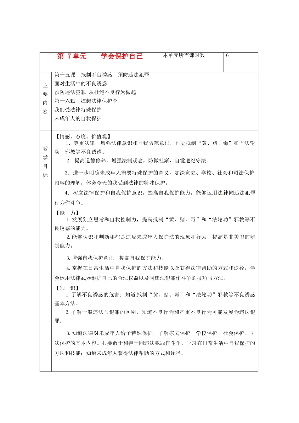 山东省邹平县实验中学七年级政治下册 《第七单元 学会保护自己》教案 鲁教版_第1页