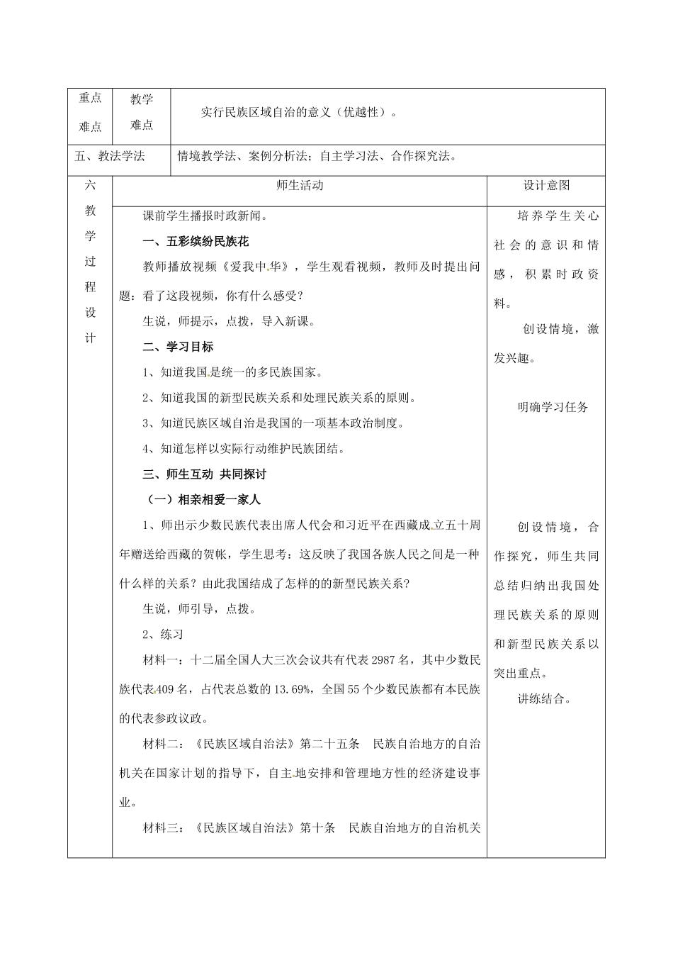 陕西省石泉县九年级政治全册 第二单元 五星红旗我为你骄傲 第5课 人民当家作主 第2框 独具特色的民族区域自治教学设计 鲁教版-鲁教版初中九年级全册政治教案_第2页